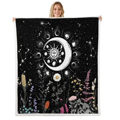 Celestial Moon Sun Wildflowers Blanket