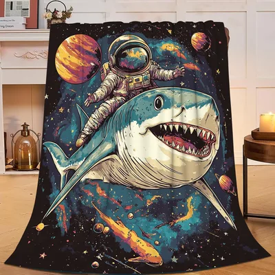 Astronaut Shark in Space Blanket: Cosmic Shark Rider Design