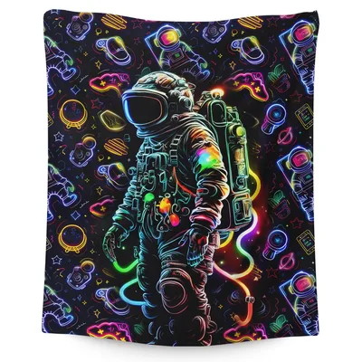 Neon Astronaut in Space Blanket: Glowing Suit and Retro Gaming Icons