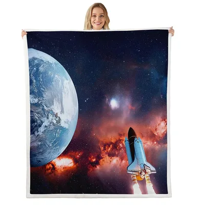 Rocket Flying Past Earth Blanket: Space Shuttle and Galaxy Print