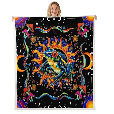 Boho Frog Sun Moon Blanket: Psychedelic Galaxy Art for Nature Lovers