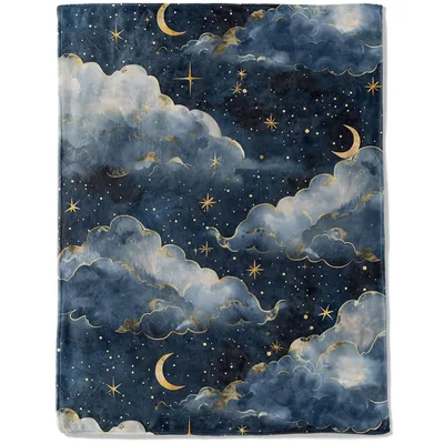 Moon and Clouds Starry Blanket Celestial Night Sky Design