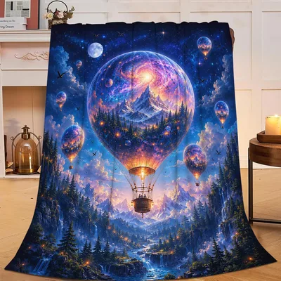 Hot Air Balloon Mountain Blanket: Galaxy Fantasy Art