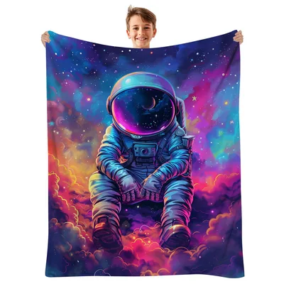 Astronaut Sitting on Cloud Blanket: Cosmic Character on Neon Nebula