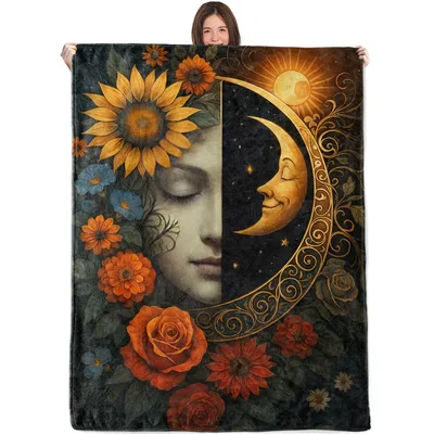 Celestial Moon and Sunflower Blanket: A Boho Face Floral Design