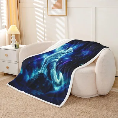Galaxy Wolf Mountain Moon Blanket: Celestial Canine Art