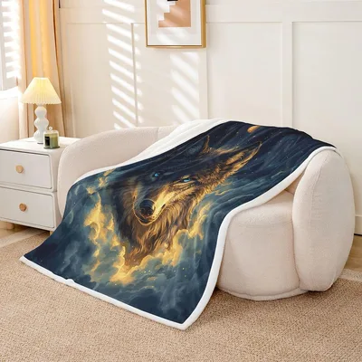 Golden Galaxy Swirl Blanket: Wolf in a Cosmic Night Sky