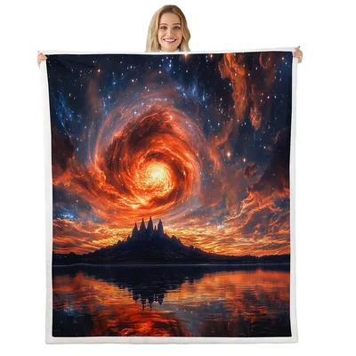 Nebula Over Castle Silhouette Blanket: Fantasy Galaxy Art for Dreamers