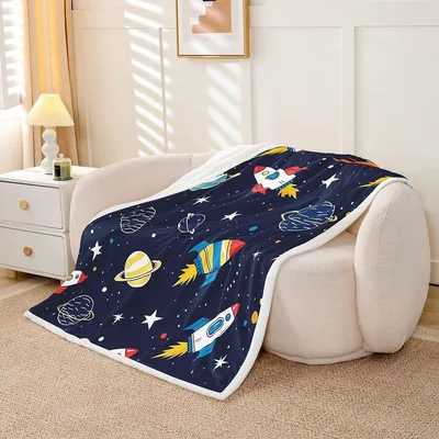 Rocket Ships Planets Blanket featuring colorful cartoon rockets