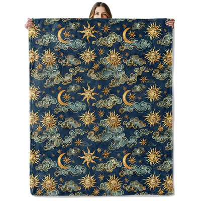 Vintage Sun Moon and Clouds Blanket featuring golden smiling suns