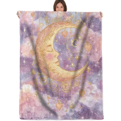 Crescent Moon Galaxy Sky Blanket featuring a sleeping celestial face