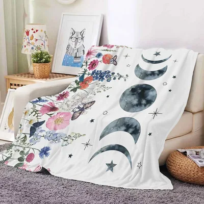 Moon Phases and Wildflowers Blanket Celestial and Floral Design