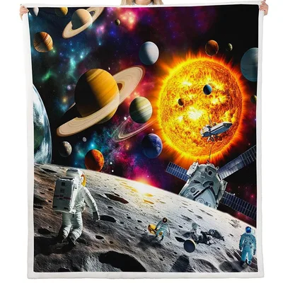 Planets and Astronaut on Moon Blanket: Cosmic Space Scene