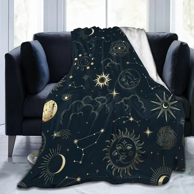 Celestial Sun and Moon Blanket with Golden Astrological Symbols