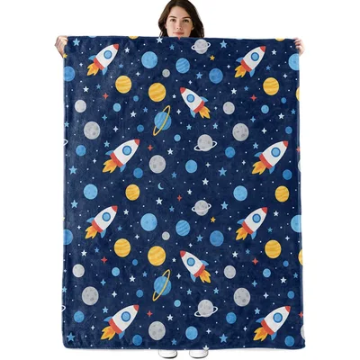 Rockets and Planets Space Blanket: A Cosmic Pattern for Stargazers