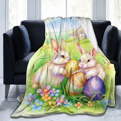 Easter Bunnies Eggs Blanket: Vintage Hare and Decorated Egg Art