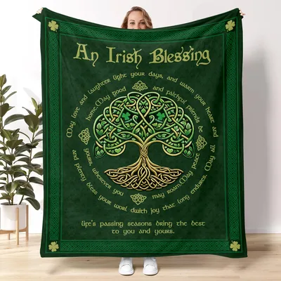 Irish Blessing Celtic Tree Blanket featuring a golden knotwork tree