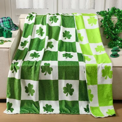 Shamrock Checkered St Patricks Blanket: Green Clover Plaid Throw