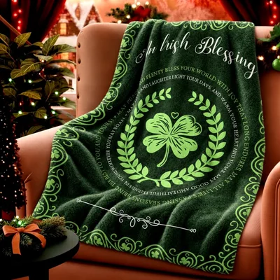 Irish Blessing Shamrock Clover Blanket - Traditional Wish Design