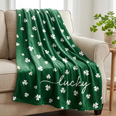 Shamrock St Patricks Blanket: Green Shamrock Print with Lucky Script