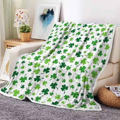 White Background Scattered Clover Blanket: Shamrock Pattern Throw