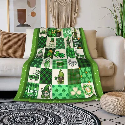 St Patrick's Gnomes Shamrocks Blanket features a patchwork