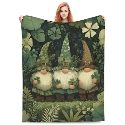 St Patricks Gnome Shamrock Blanket featuring three whimsical gnomes