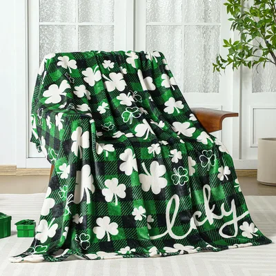 Lucky Shamrocks on Green Blanket features white clovers