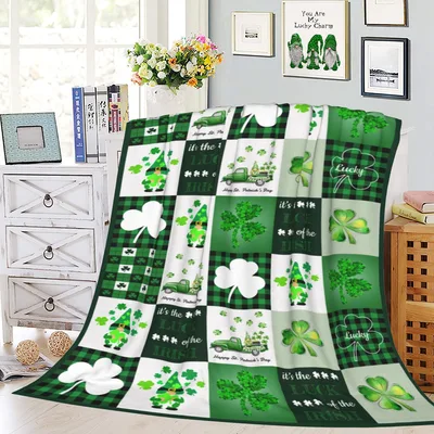 Lucky Clover Shamrock Gnome Blanket features a patchwork