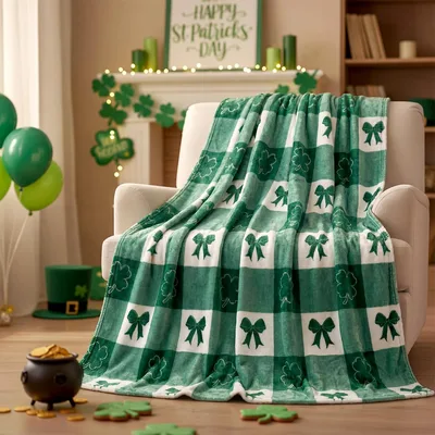 Green Clover Bow Checkered Blanket: Shamrock and Ribbon Pattern