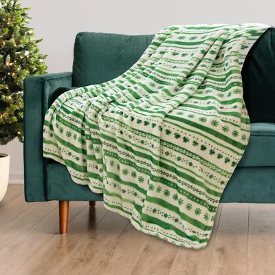 Green Clover Shamrock Pattern Blanket featuring festive green stripes