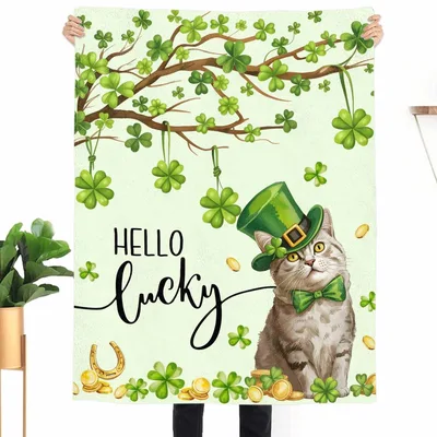 Lucky Cat with Clovers Blanket: St. Patrick's Day Feline Design