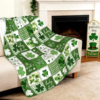 Shamrock Clover Patchwork Pattern Blanket featuring green shamrocks