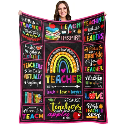 Teacher Appreciation Rainbow Blanket featuring chalkboard-style quotes