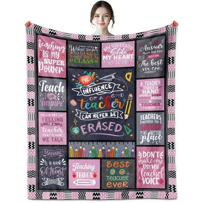 Teacher Quotes Pink Patchwork Blanket: Chalkboard Style Design