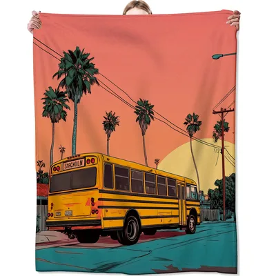 School Bus Sunset Palm Blanket: Retro Yellow Bus Design