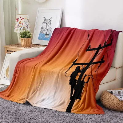 Lineman Sunset Silhouette Blanket: Power Line Worker Art
