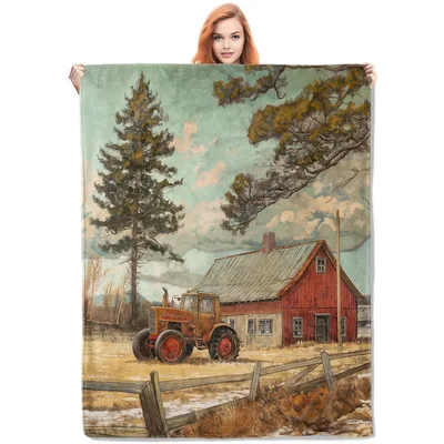 Vintage Farm Tractor Scene Blanket: Rustic Barn and Orange Tractor Art