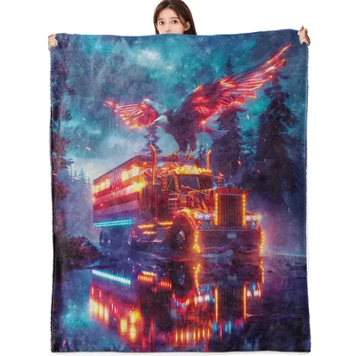 Eagle Truck Neon Blanket: Glowing Semi with Eagle Over Night Forest