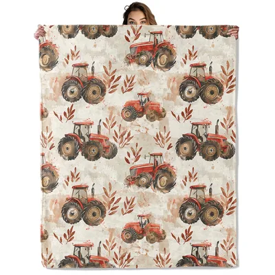 Vintage Farm Tractor Pattern Blanket: Red Tractors and Rustic Leaves