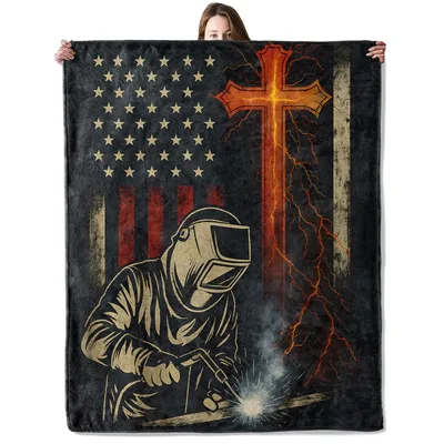 Welder American Flag Cross Blanket: Flame and Faith Design