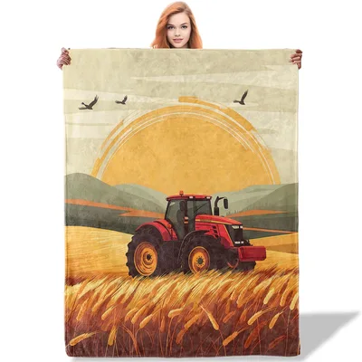 Tractor Sunset Farm Blanket: Rustic Tractor and Wheat Field Design