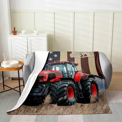Red Tractor in Field Blanket: Vintage Farm Machine with Flag Motif
