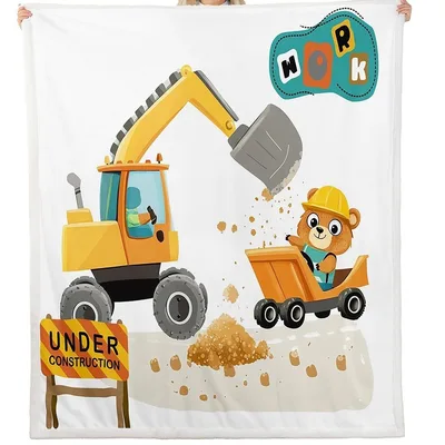 Cartoon Excavator Construction Bear Blanket featuring a digger