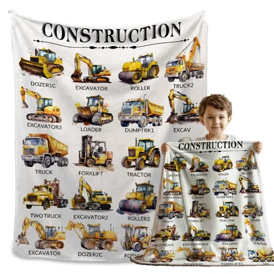 Construction Trucks Pattern Blanket featuring labeled dozers