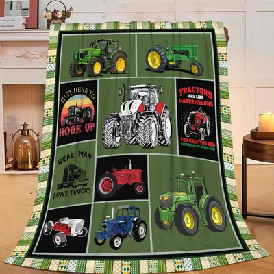 Farm Tractor Patchwork Pattern Blanket: Quilt Style Farm Life Design