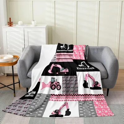 Excavator Construction Vehicles Pattern Blanket featuring pink diggers