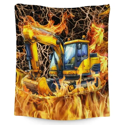 Excavator in Fire Flames Blanket featuring a yellow digger engulfed