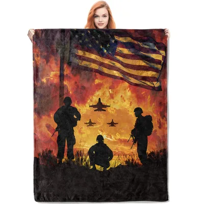 Military Soldiers Silhouette Flag Blanket featuring American flag