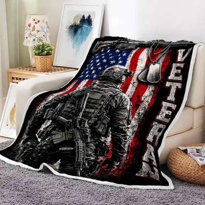 Veteran Soldier American Flag Blanket - Tactical Design with Dog Tags